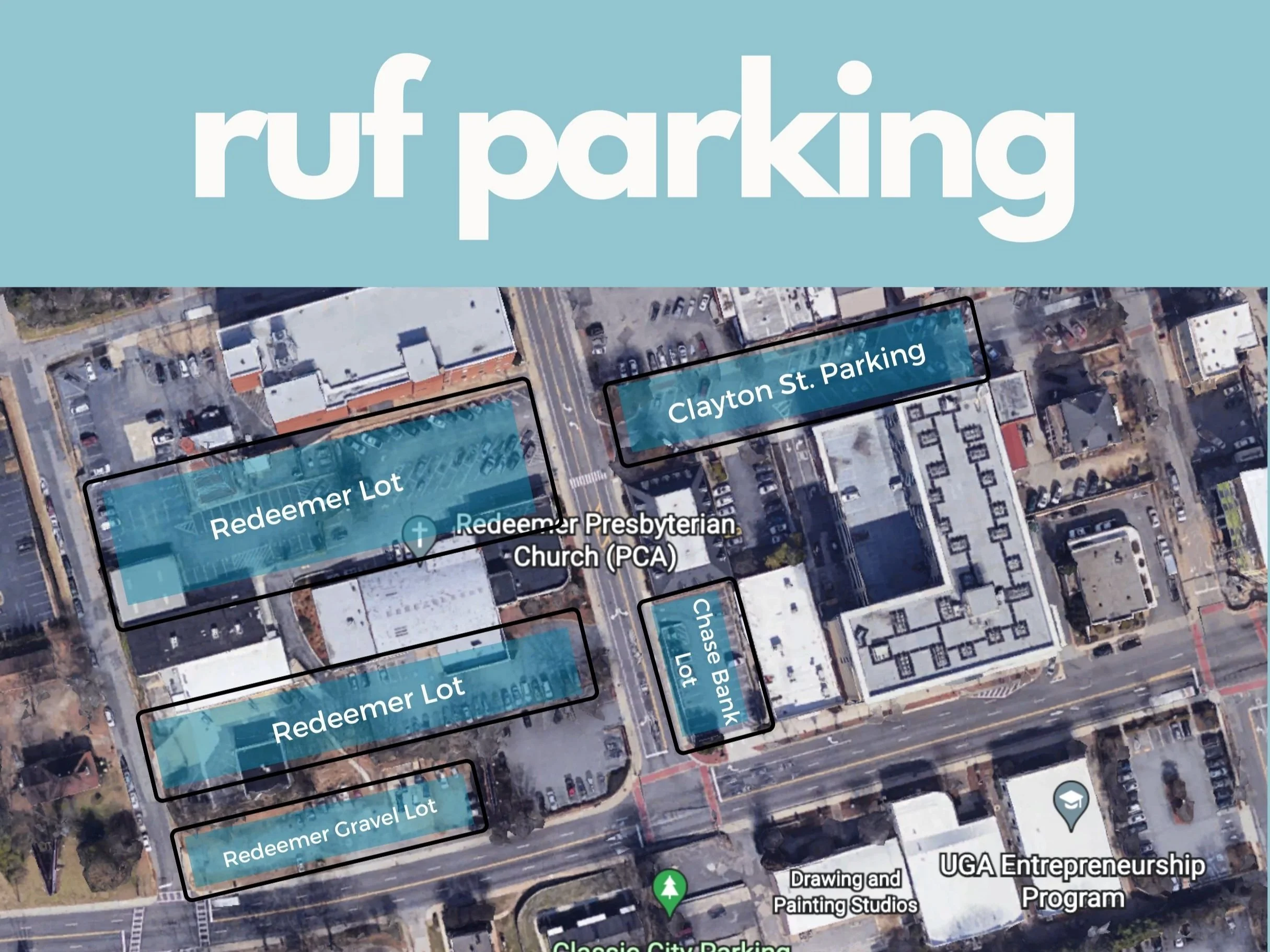 RUF Large Group parking guide showing parking areas around Redeemer Presbyterian Church at 165 Pulaski Street